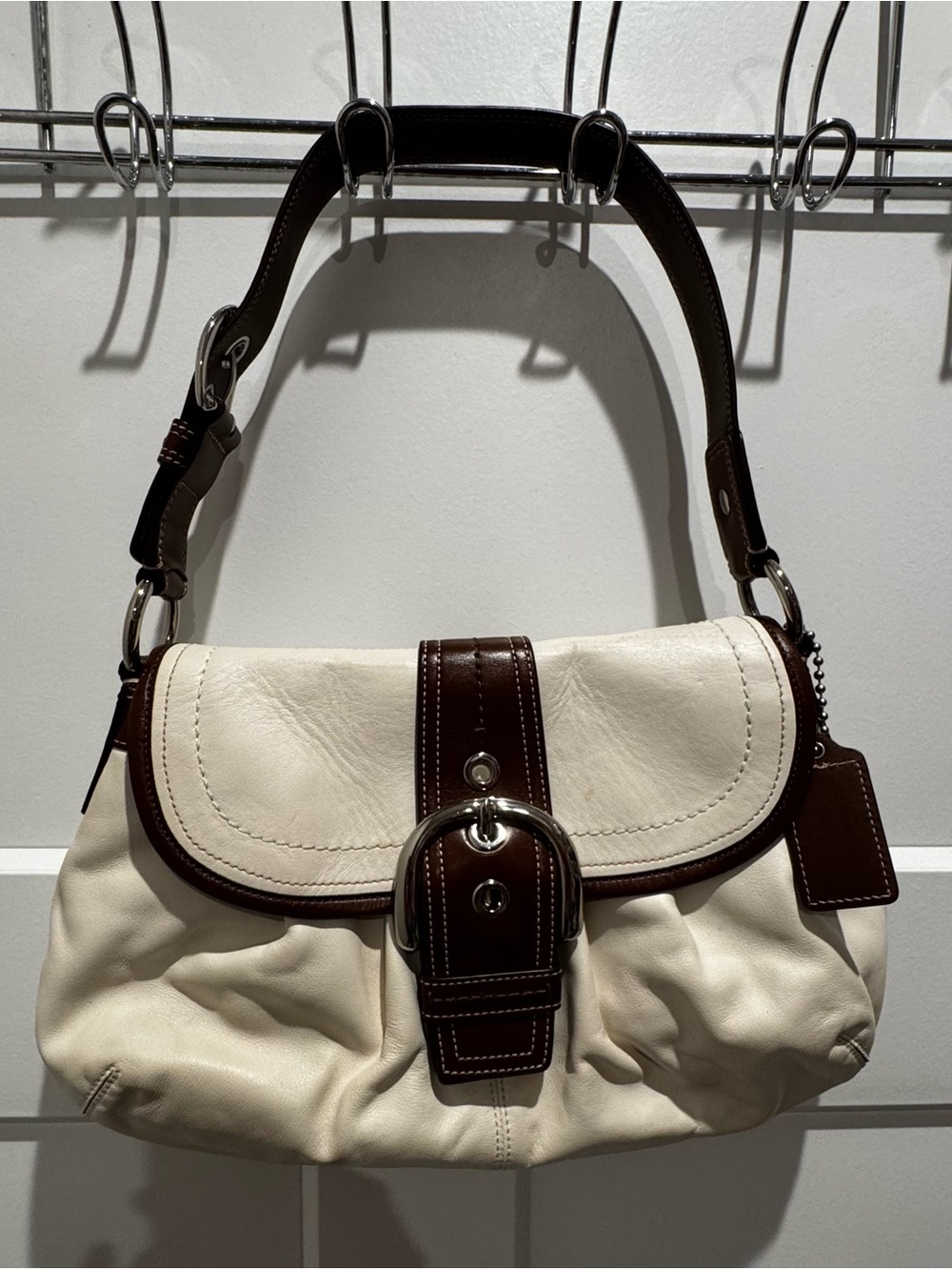 Leather Buckle Shoulder Bag in Cream and Brown